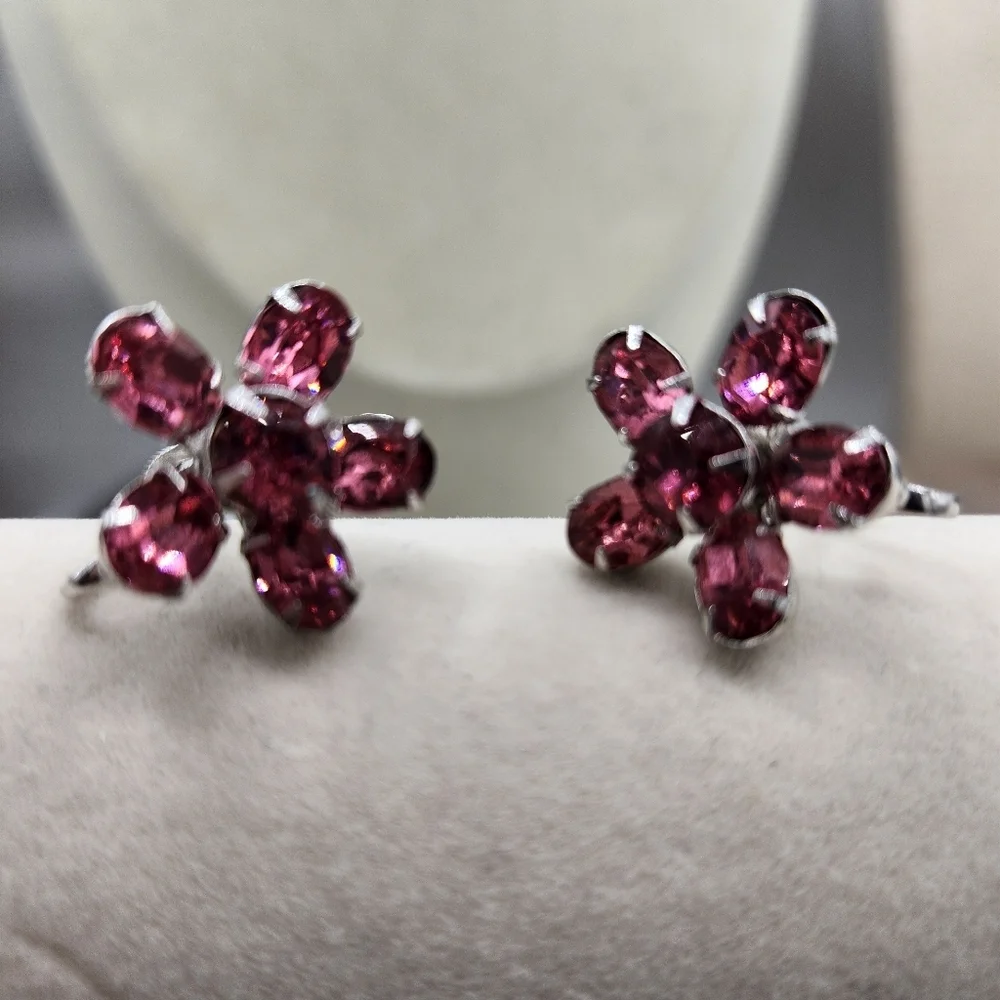 Vintage Pink Flower Screwback Earrings • 1950s • Silvertone • Floral